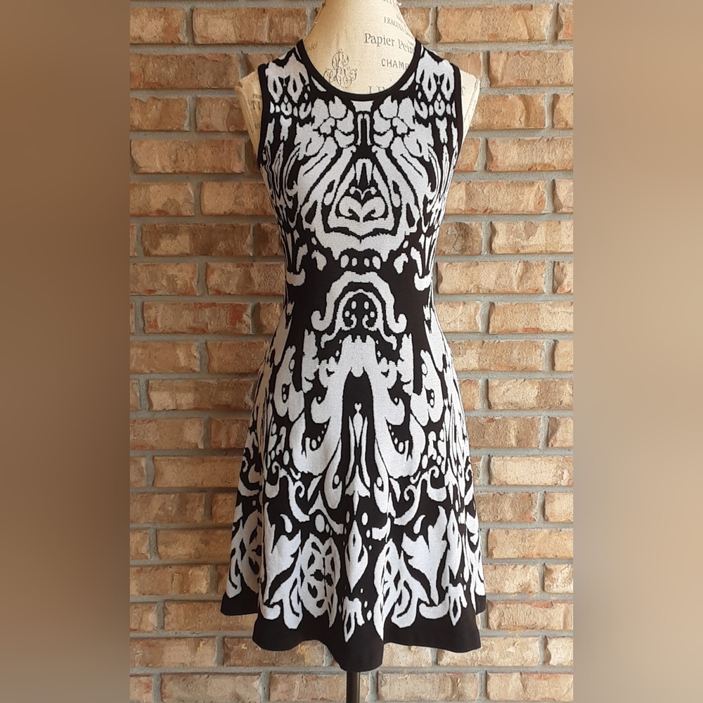 Shoshanna Black and White Abstract Print Sleeveless Fit & Flare Dress.